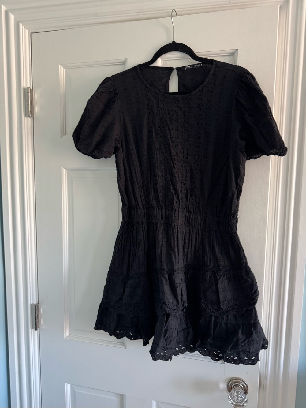 Zara Black Eyelet Puff Sleeve Mini Dress